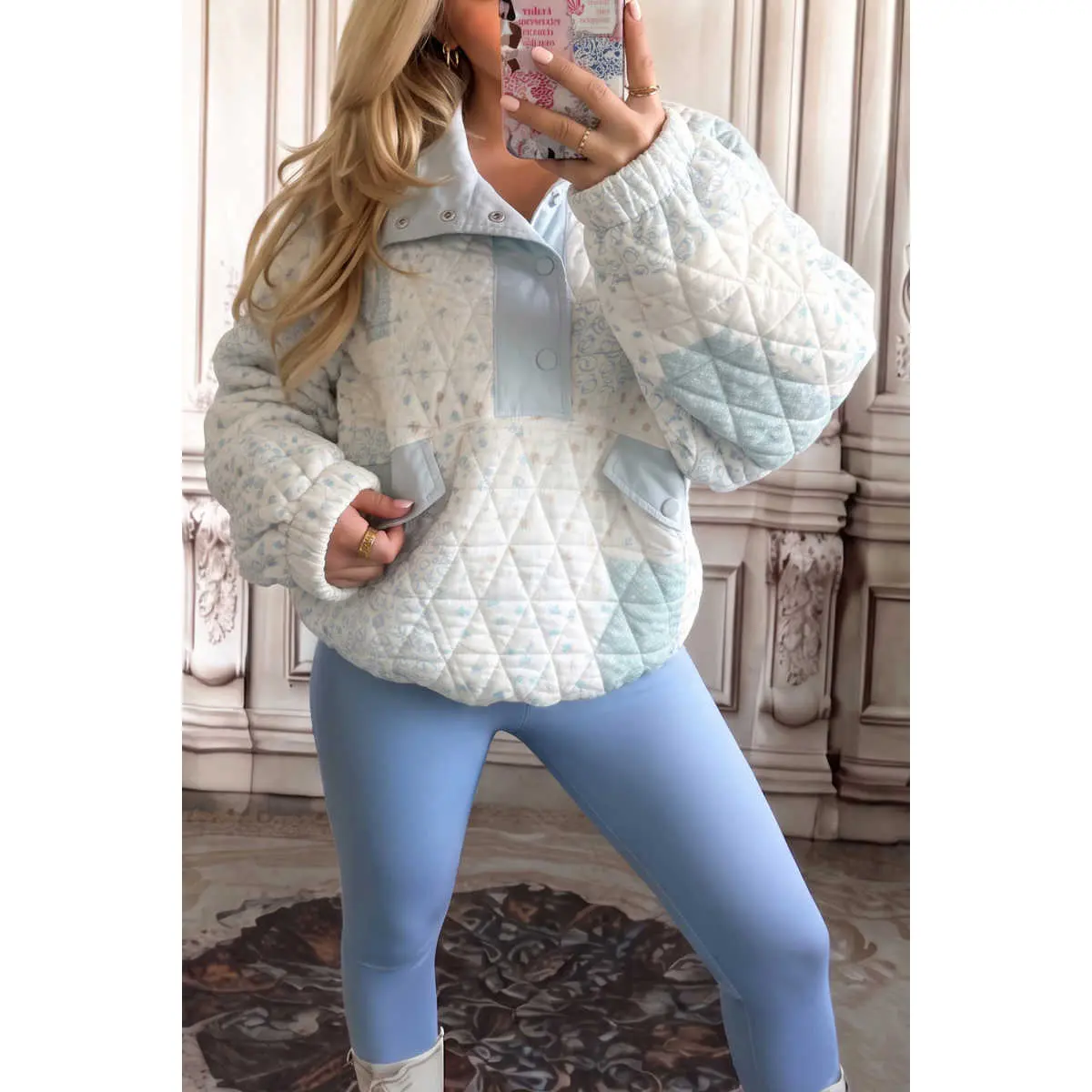 Women's Floral Quilted Pullover Sweatshirt Long Sleeve Half Button Down Hoodie Casual Lightweight Puffer Tops with Pocket Country Style Fall Winter Fashion
