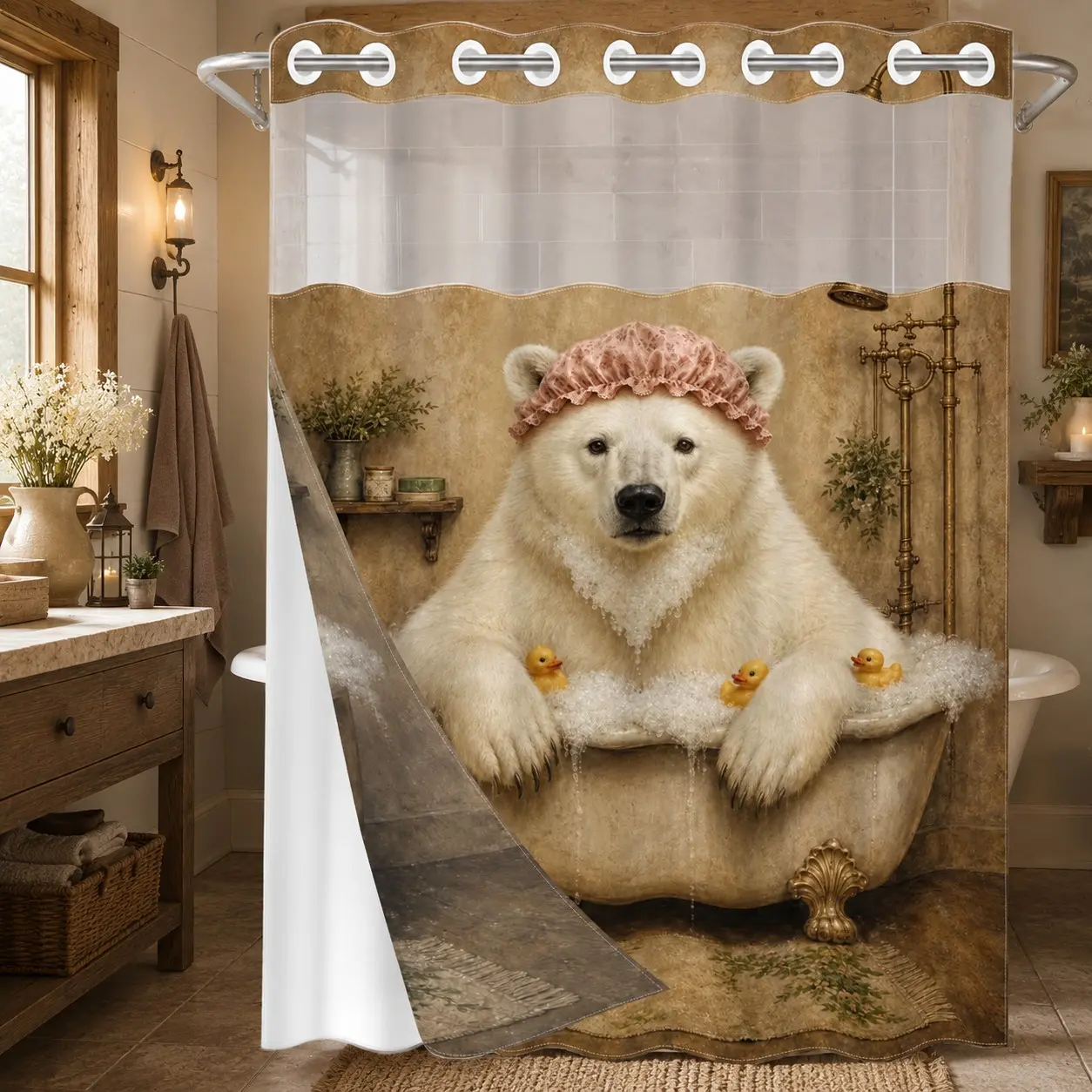 1Pc Hookless Double Layer Shower Curtain Set, Funny Polar Bear in Bathtub Print, Snap-In Waterproof Mildew-Resistant Liner, Fabric Outer Curtain with Sheer Viewing Window, 71×74 Inch, Machine Washable, for Home, Apartment and Hotel Bathrooms