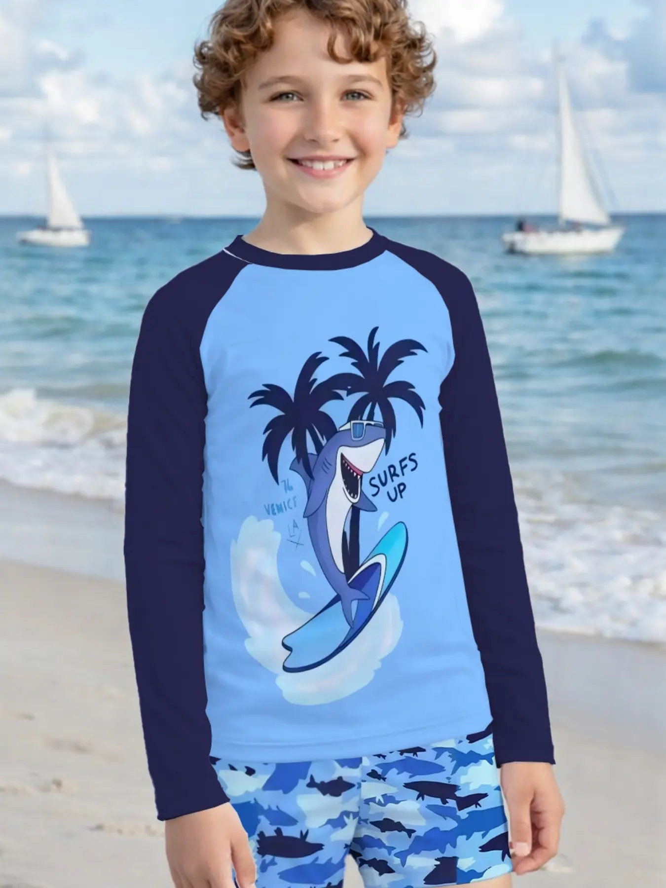 Boys' Surfing Shark Tree Print Two-Piece Swimsuit, Quick-Dry Beach Swimwear, Ocean Style, Pool, Beach, Water Park