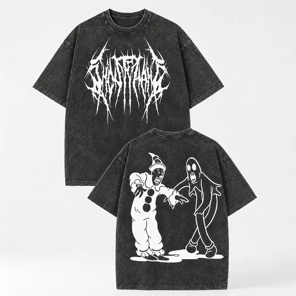 Menswear Distressed Gothic Cotton T-Shirt - Baggy Loose Oversized Short-Sleeve, Death Metal Jagged Font Front Print, Retro Creepy Clown & Ghost Cartoon Back Graphic, Comfort Soft Colors Unisex Gym Streetwear Casual Top