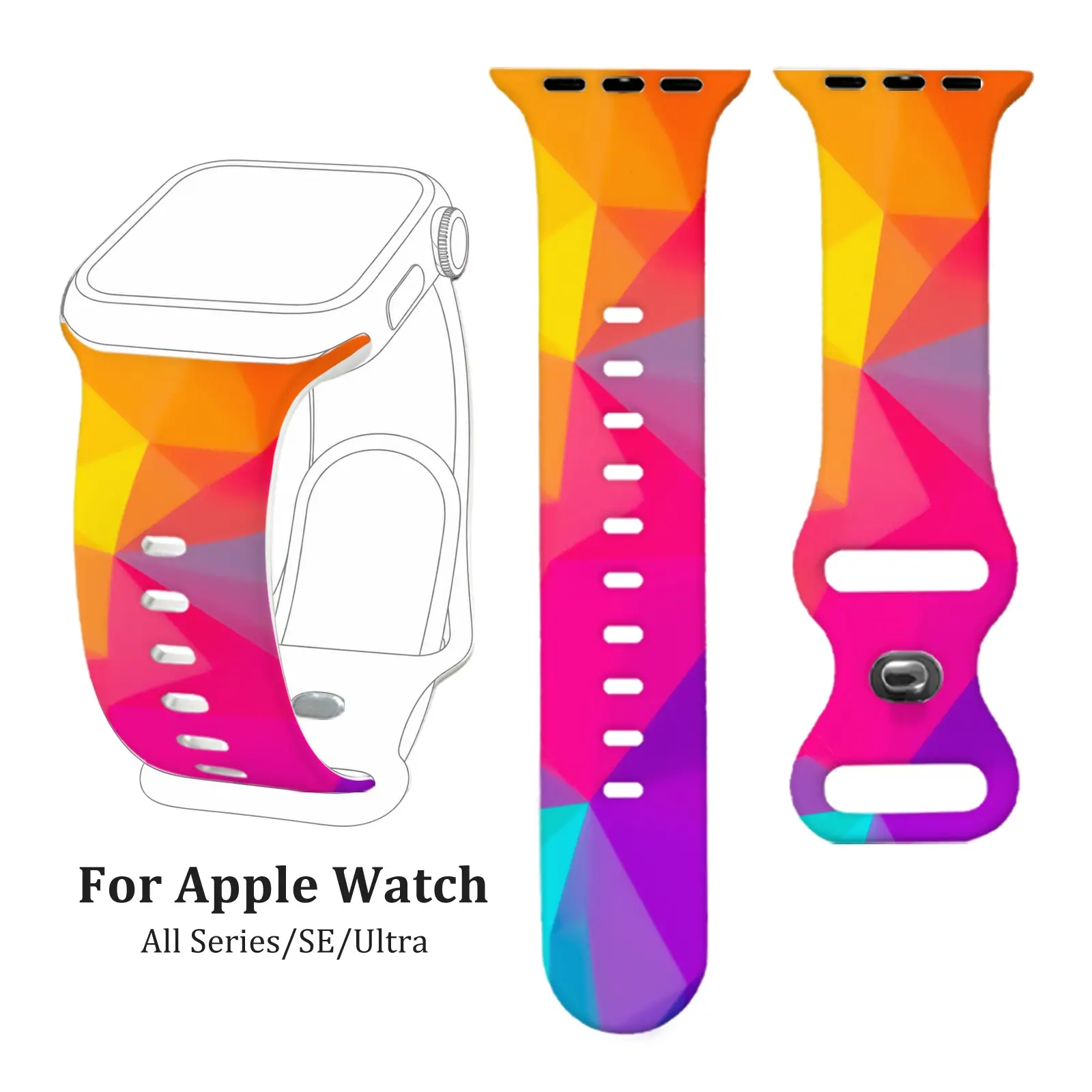 Colorful Geometric For Apple Watch  Women Men, Rainbow Silicone Strap Compatible with Apple Watch Series 4/5/6/7/8/9/10, SE1/2, Ultra1/2/3, Fun Fashion Sport Wristband for Daily Wear Party Gift Band Teen Youth