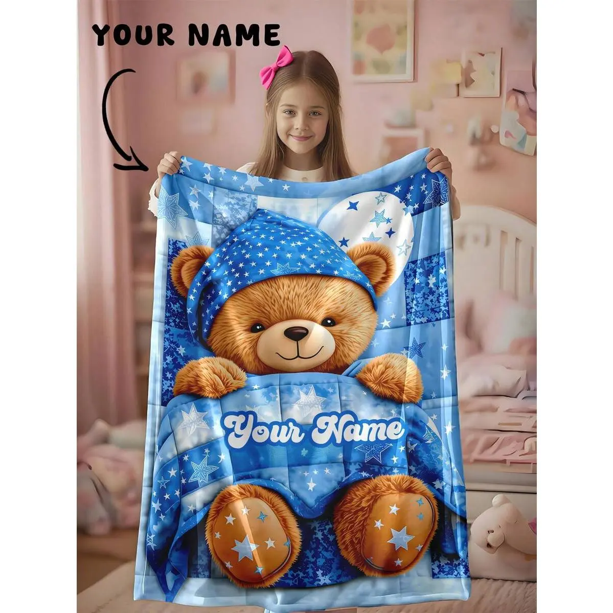 Personalized Starry Night Bear Throw Blanket - Blue Gingham Wrinkle-Resistant Flannel, Soft Cozy Warm Cover, Custom Name Glam Design, Custom Blankets for Toddlers, Nursery Crib Decor Milestone Birthday Gift, All Seasons Use