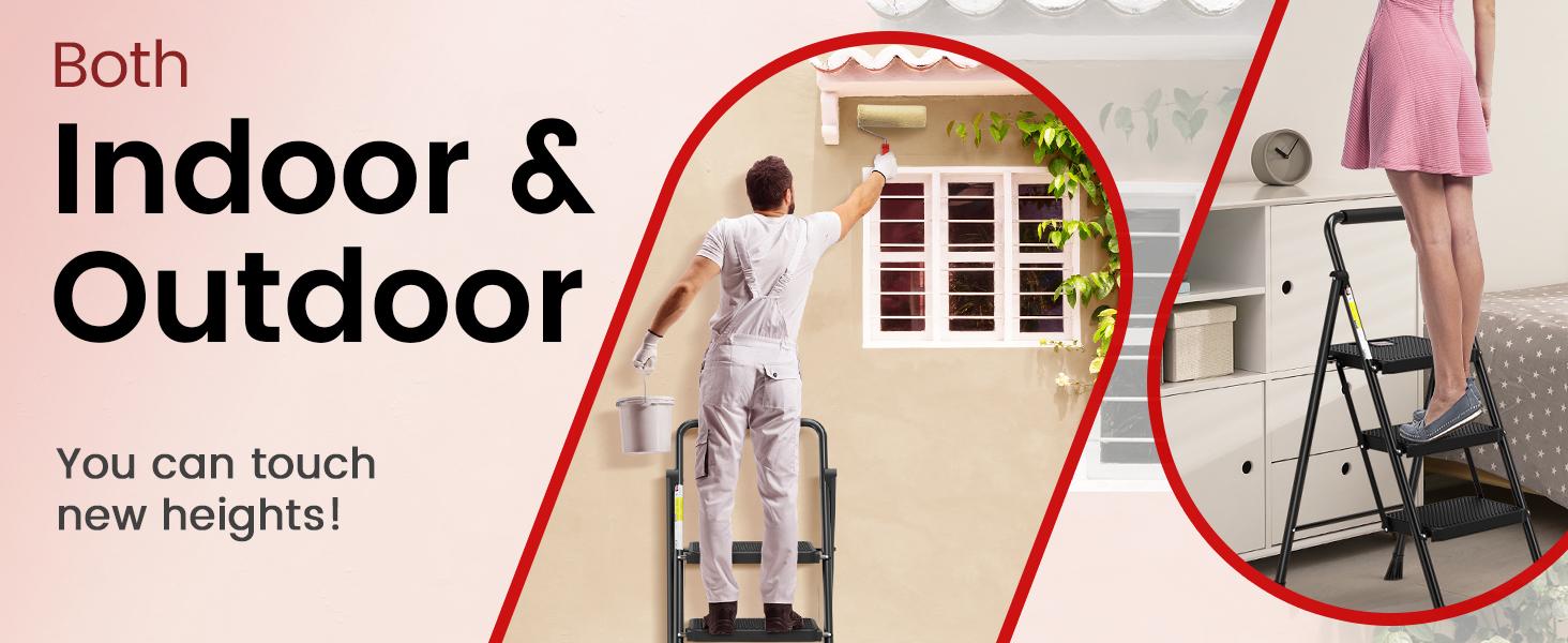 Step Ladder, Folding Step Stool with Wide Anti-Slip Pedal, Sturdy Steel Ladder, Convenient Handrail, Lightweight, Portable Steel Step Stool