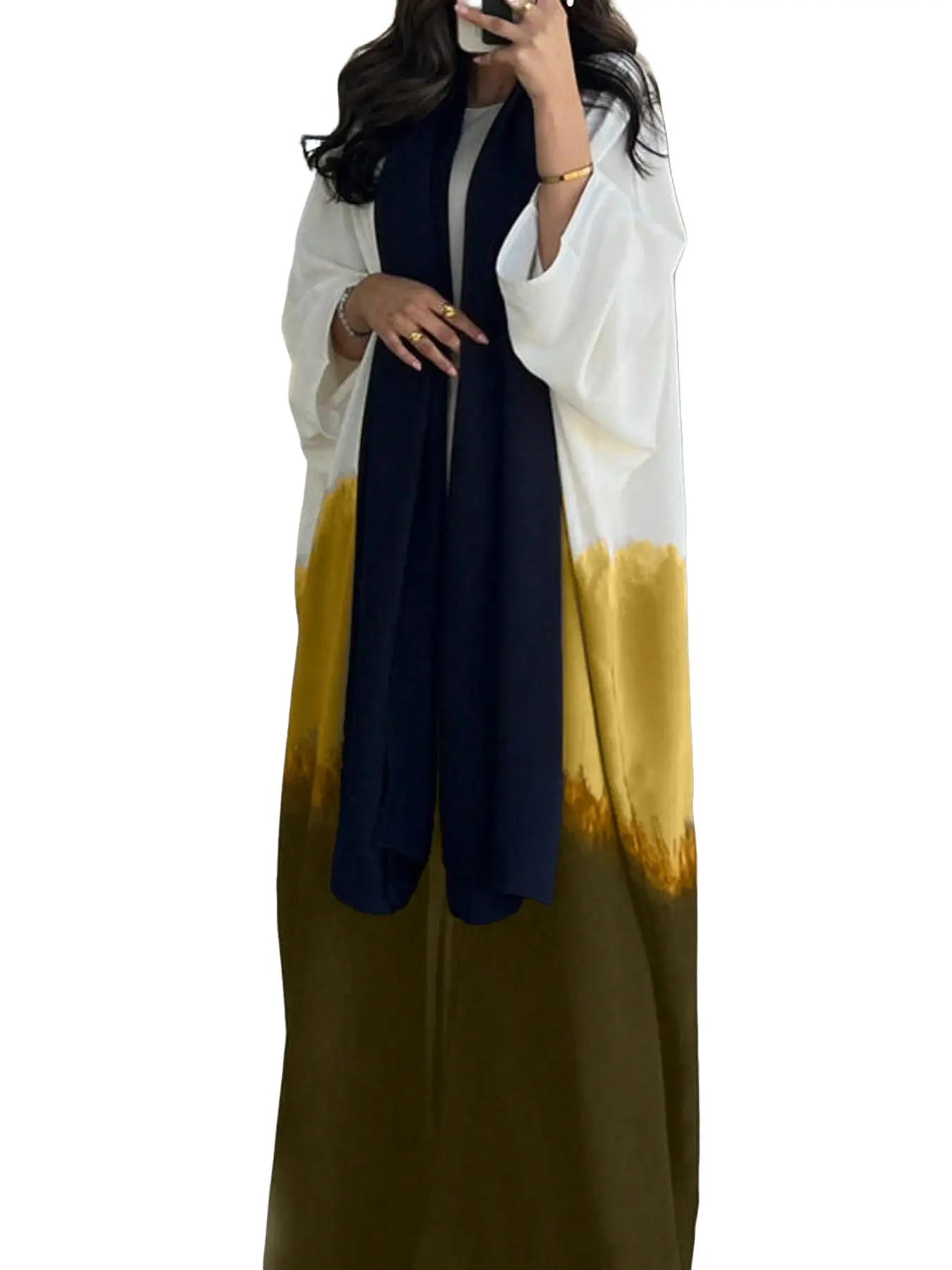 Gradient Tie-Dye Long Cardigan Robe, Batwing Sleeve Loose Fit Outerwear, Muslim Conservative Style, Daily Commute Casual Abaya