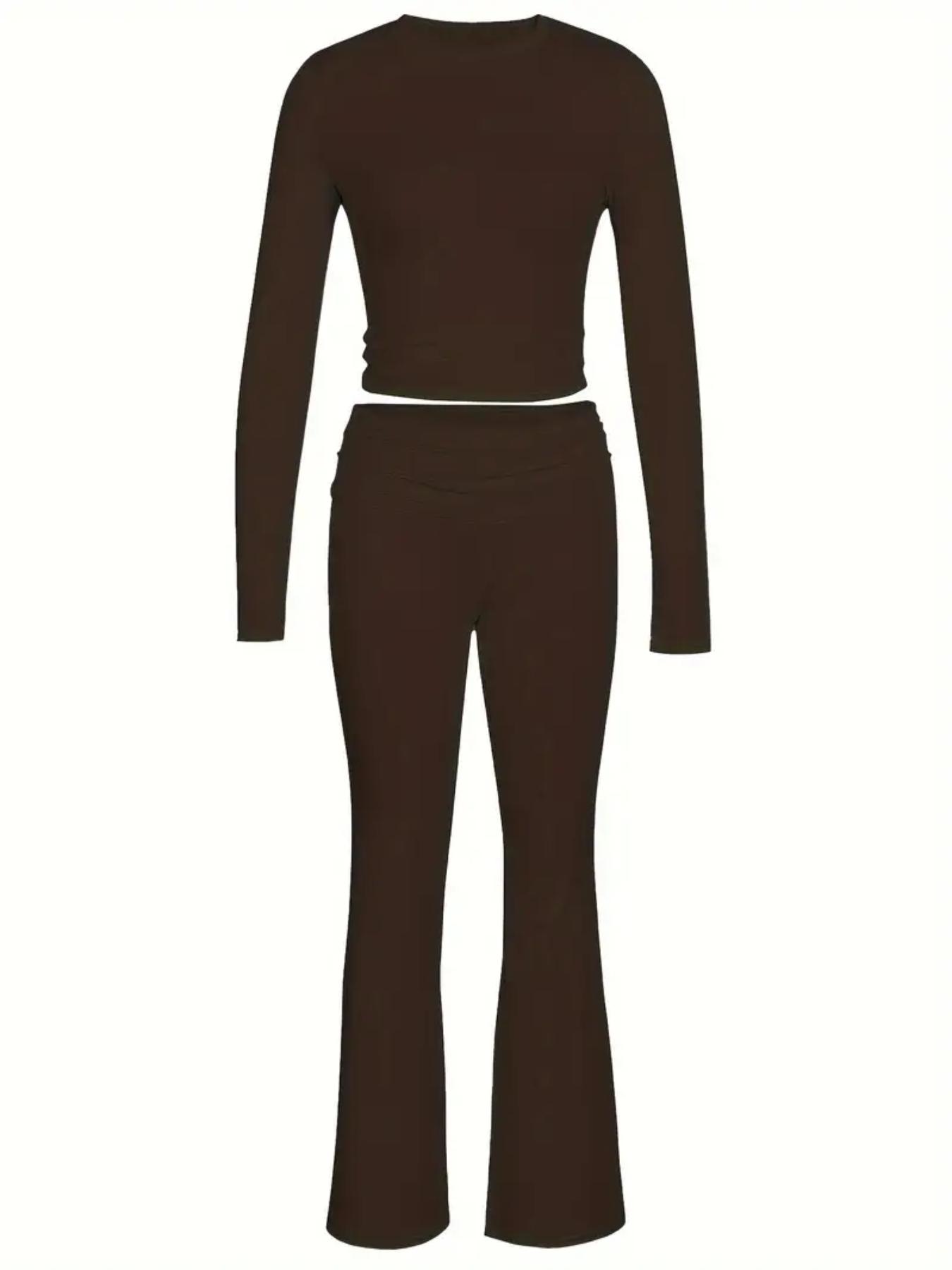 Women's Solid Long Sleeve Crop Tee & Flare Leg Skinny Pants Loungewear Set, Casual Round Neck Top & Bell Bottom Leggings, Sleepwear Set for Women