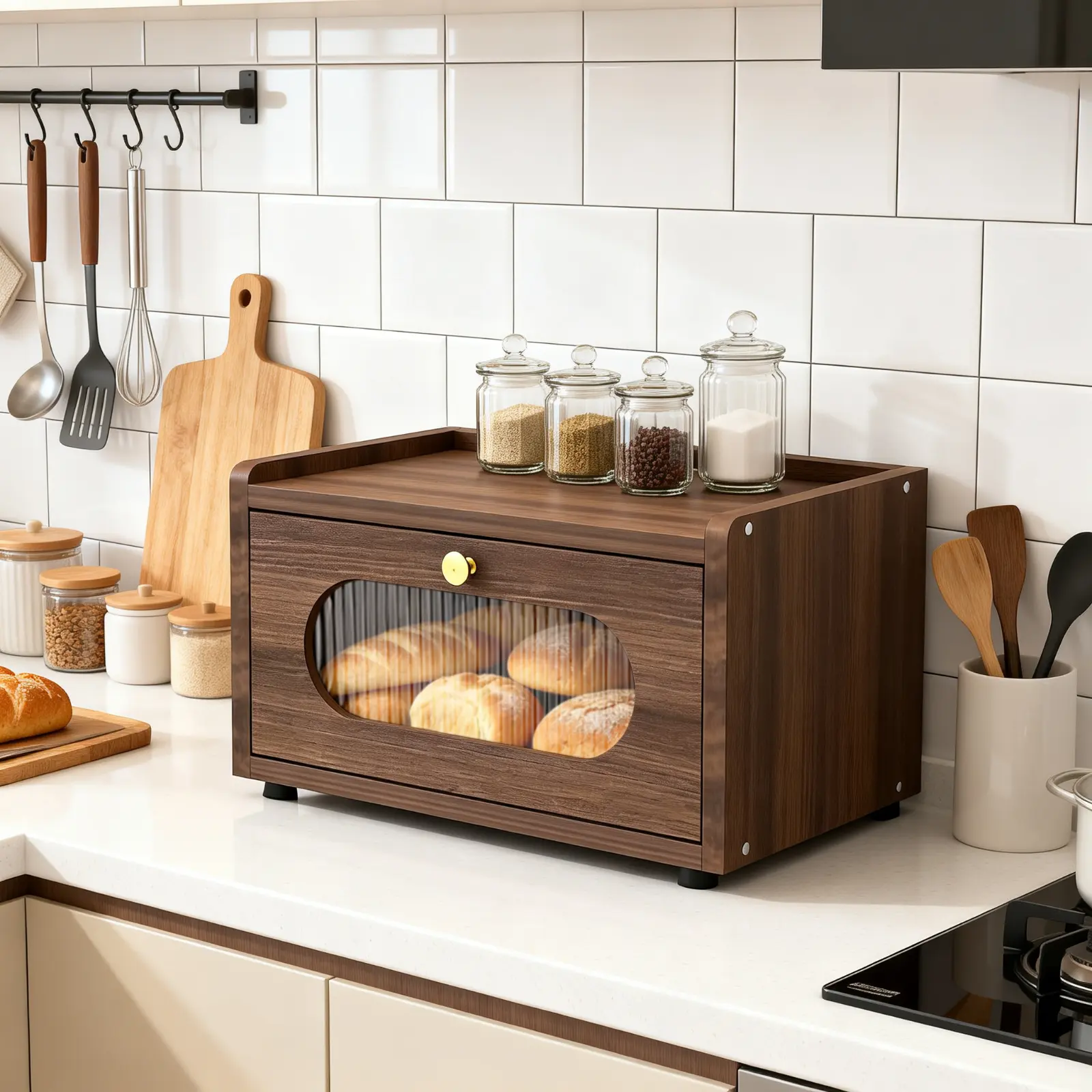 Large Capacity Brown Wooden Bread Food Storage Container - Kitchen Countertop Organizer, Sourdough Loaf Holder, Farmhouse Shelf & Cabinet Corner Organizer for Homemade Breads