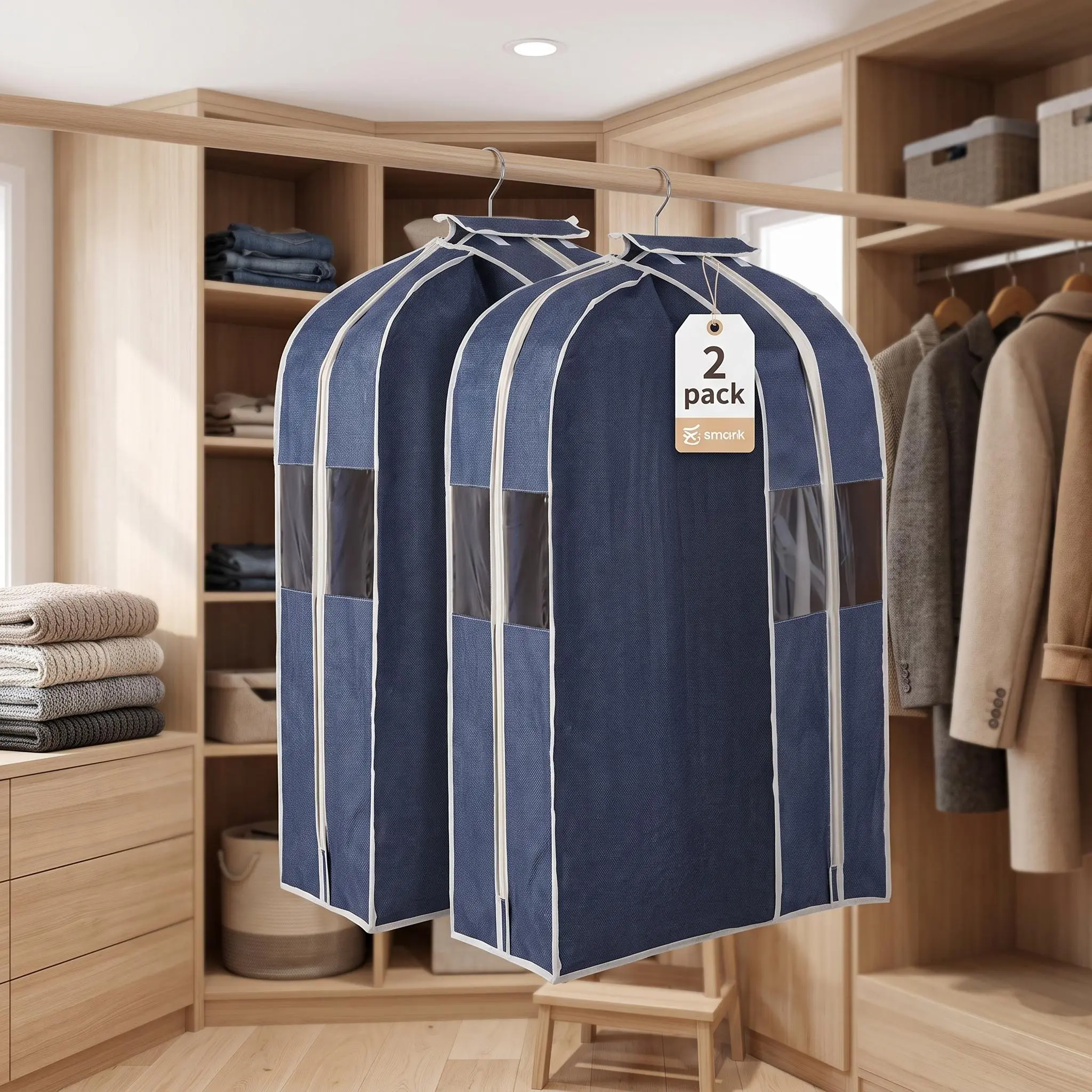 【IdealHouse】Minimalist Decluttering Cotton Linen Hanging Garment Bags, Breathable Dustproof Wardrobe Storage Covers for Suits, Dresses, Lightweight Durable Clothes Organizer, Navy Blue, 2-Pack, 105×60×28 cm