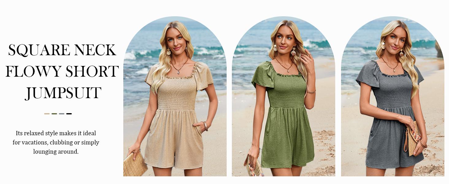 Imily Bela Womens Summer Smocked Romper Ruffle Sleeve Square Neck Flowy Short Jumpsuit Beach Vacation Outfits