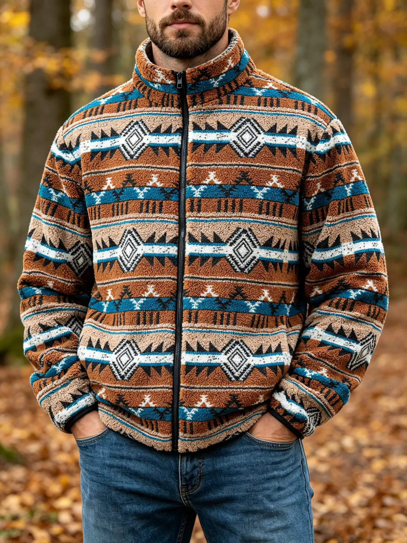 Men Aztec Tribal Geometric Print Fleece Jacket, Full Zip Sherpa Fuzzy Warm Outerwear, Stand Collar Loose Coat with Pockets, Fall Winter Streetwear