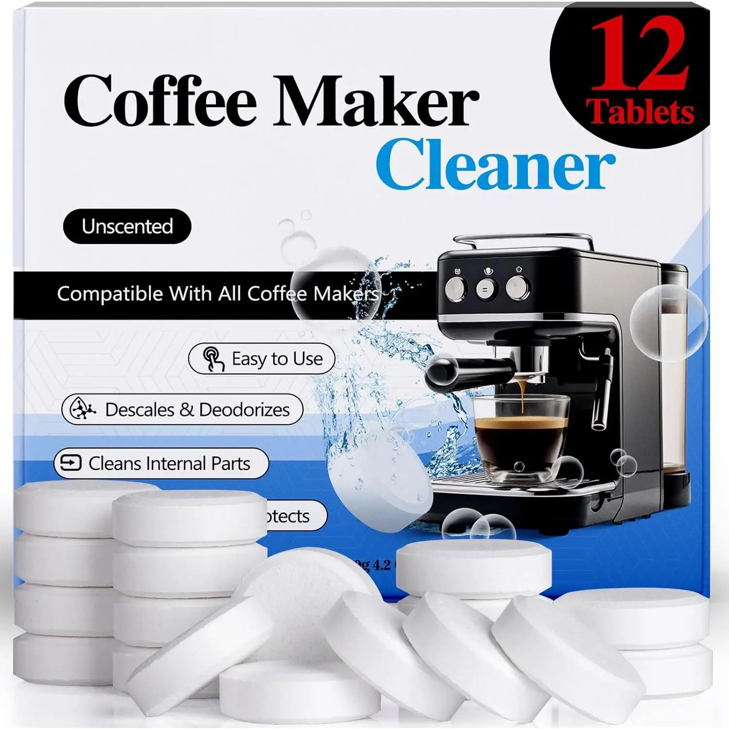 Coffee Machine Cleaner Descaler Tablets 12 Pack, Coffee Maker Cleaner for Keurig, Ninja, Breville, Delonghi, Nespresso, Miele,Espresso Machine Cleaning Tabs,Descaling Solution for Coffee Pot Maker, Coffee Making, Cleans Internal Parts