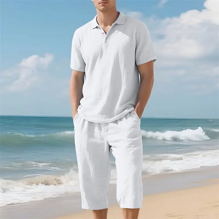 Men’s Summer Linen-Blend Polo Shirt and Knee-Length Shorts Set, Casual Relaxed Fit 2-Piece Outfit, Lightweight Breathable Matching Set for Beach, Vacation, Travel, Daily Wear, Outdoor Activities and Comfortable Summer Loungewear