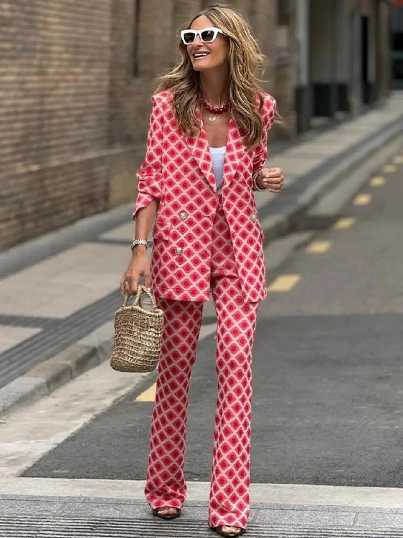 Rhombus Print Blazer Suit Pants Set for Women, Elegant Double-Breasted Two-Piece, Stylish Business Wear, Perfect for Office & Formal Events