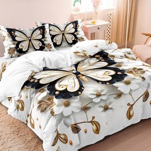 butterfly & flower print bedding set, including 1 decorative duvet cover & 2 pillowcases without filler, bedding supplies for home bedroom hotel, room decor, cute bedroom decor
