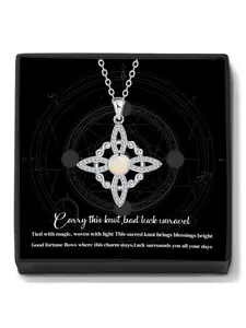 Vintage Opal Celtic Witch Knot Necklace With Blessed Message Card, Wicca Pagan Talisman Amulet Jewelry Gift for Women