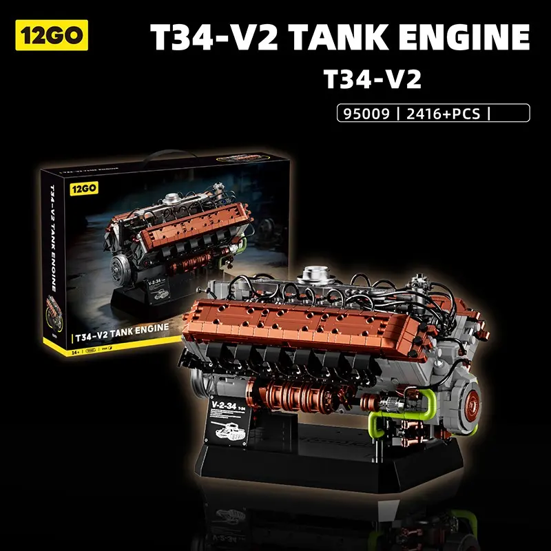 95009 Military V12 Tank Engine Building Blocks Kit, 2416+ Pcs Simulated Powertrain Mechanical Assembly Model, Hand-Crank Linkage Functional Structure, Adult High Difficulty Desktop Collectible Display Toy Gift