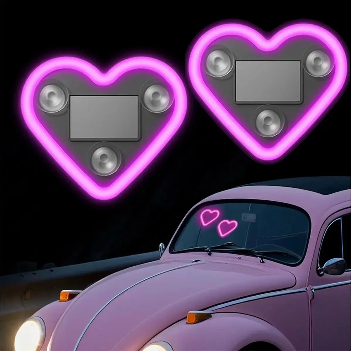 2-Pack Heart-Shaped Neon LED Ambient Lights - Solar+USB Rechargeable Motion-Sensor Lamps with Romantic Glow, Tool-Less Mount for Car, Valentine's Day Decor (Sports & Outdoor Camping & Hiking Lights & Lanterns)