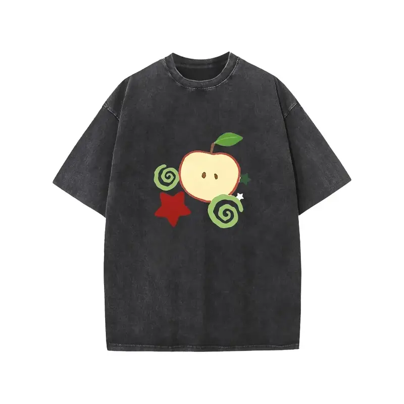 Womens Washed T-Shirt with Apple Graphic Drop Shoulder Design for Retro Street Fashion Unisex Loose Hip Hop Style Washed Print Tee Summer Casual Gift