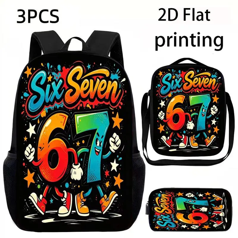1/3-Piece Unisex Large-Capacity Backpack Set – Features American-style street graffiti and "6.7" 2D graphic prints, adjustable straps, and zipper closures. The 3-piece set includes a backpack, lunch bag, and pencil case. An essential backpack for back-to-