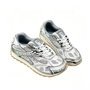 Retro 'Gamma Blue' 2025 Stylish Basketball Shoes Athletic Vintage Metallic Silver Mesh Sneakers for Women, Breathable Grid Lace Up Walking Trainers, Rugged Non-Slip Gum Rubber Casual Running Shoes, Lightweight
