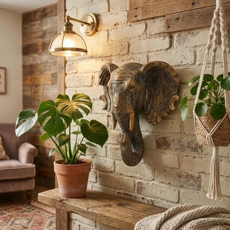 Upuilpuil Resin Elephant Head Wall Decor, 9" Trunk Up Gold Elephant Statue, Rustic Boho Animal Head Sculptures Wall Art for Living Room Bedroom Home Office Decor. Animal Wall Art Sculpture, Tribal Safari Home Decor Accent for Entryway.