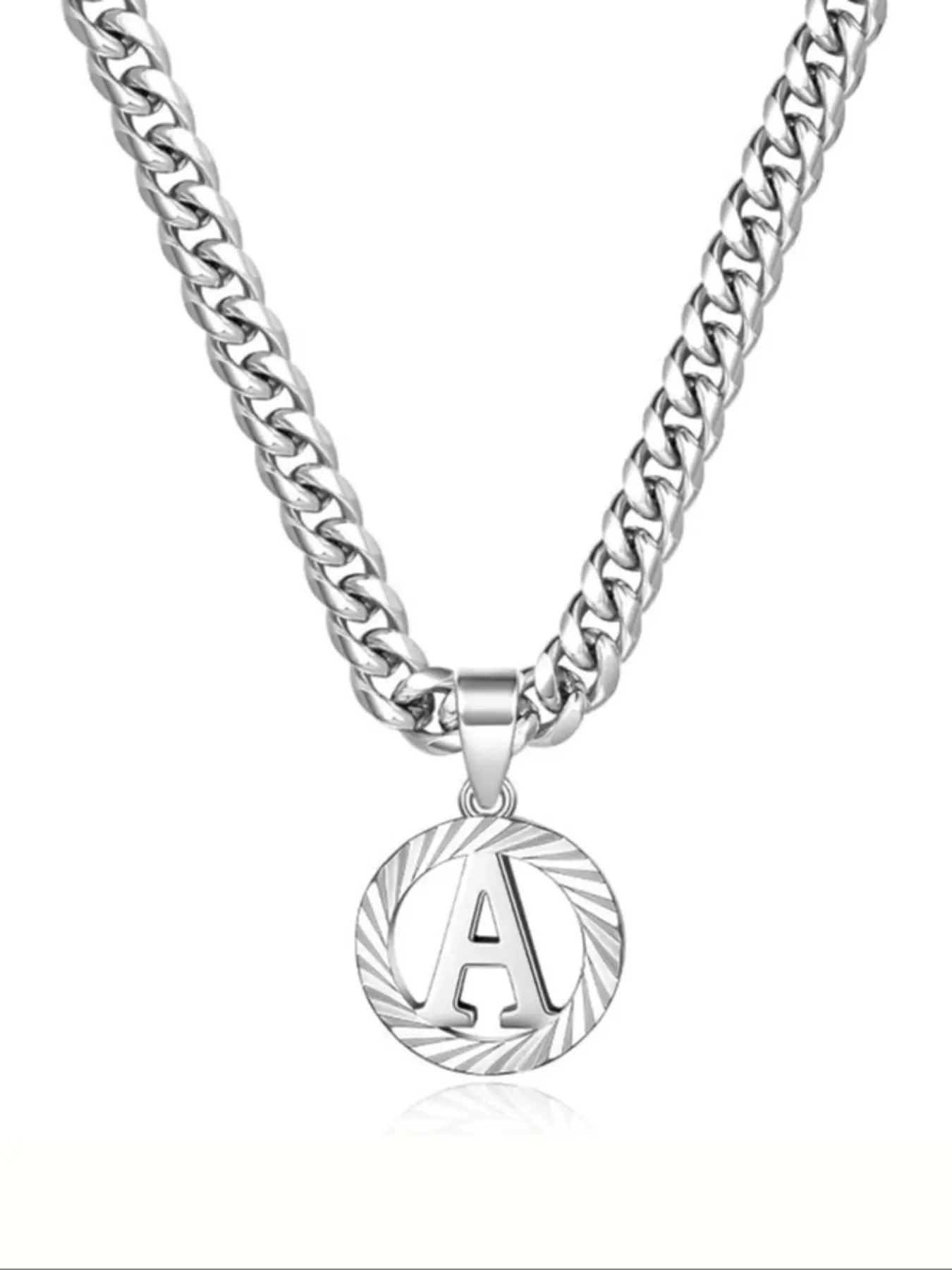 Women's Letter Necklace, A-Z Round Pendant, Hollow Out Large Letters, 5mm Cuban Chain, Casual Stainless Steel Jewelry