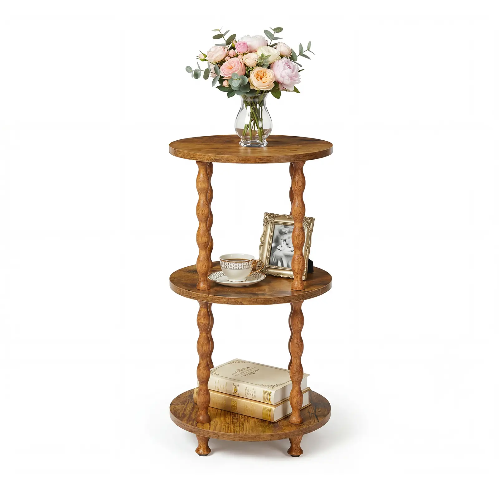 Compact 3-Tier Round Side Table with Modern Spiral Support, Vintage Wooden End Table with Storage Shelf, Space-Saving Accent Furniture