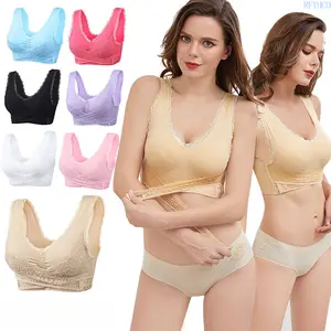 Women Wireless Bra Lace Front Cross Side Clasp Athletic Tank Top Breathable Stretchy Soft Inner Underwear Curved Structure Design for Running Training Gym Workout Daily Casual Layering Wear