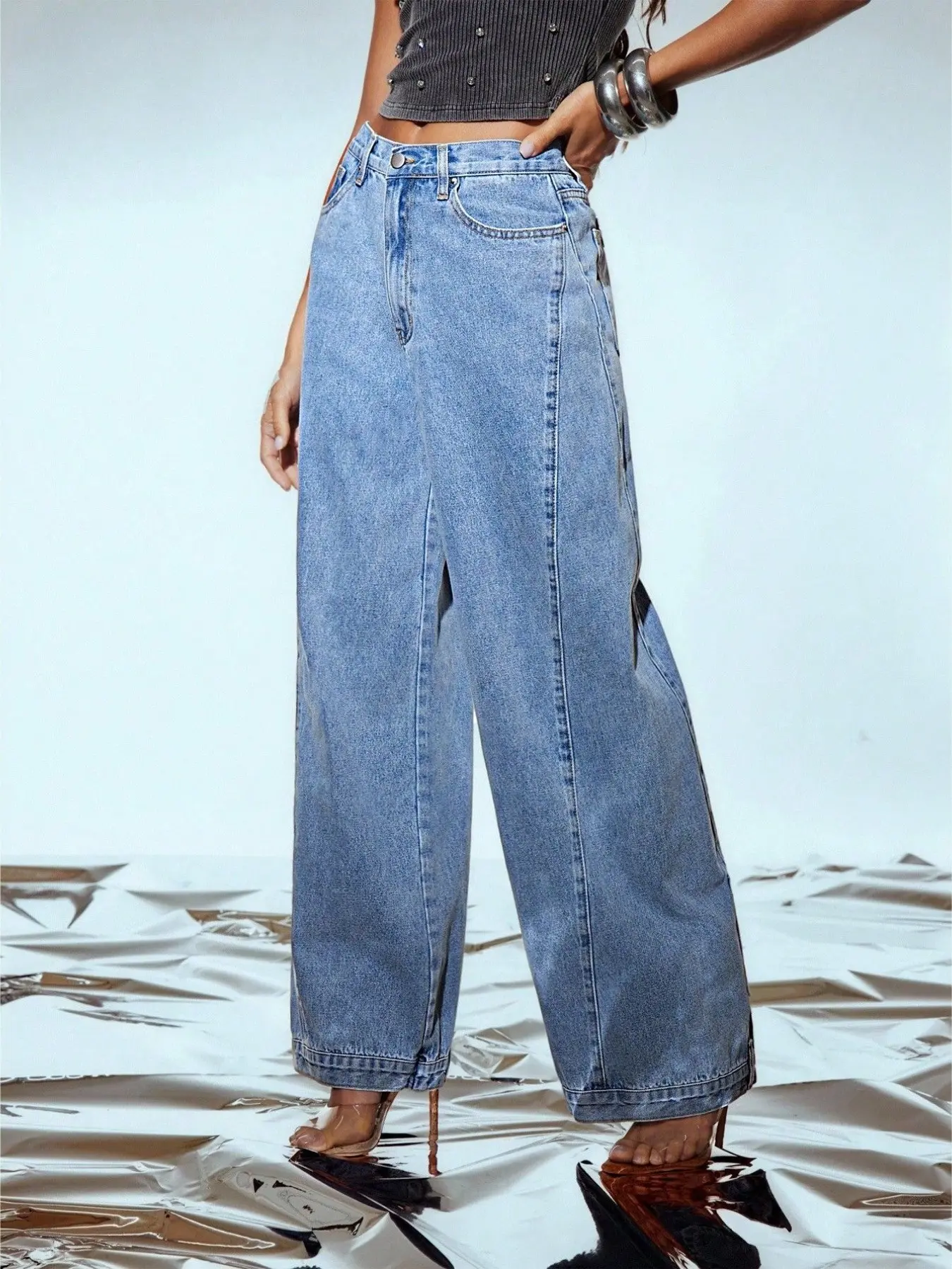 Unique Deconstructed Jeans, Reverse Patch Pockets, High Street Style, Loose-Fitting, Casual Plain Surface, All Seasons