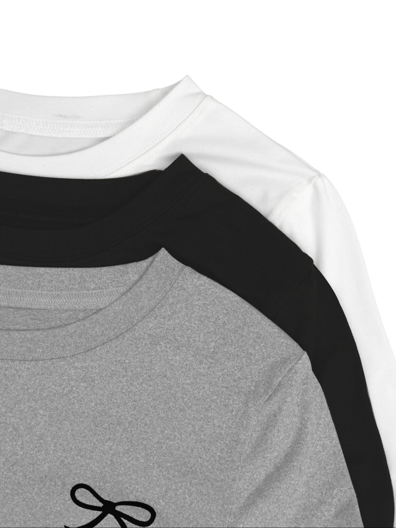 3pcs women's casual and fashionable Aesthetic slim fit small bow print details simple solid color pleated pullover shirt women's round neck long sleeved three piece T-shirt