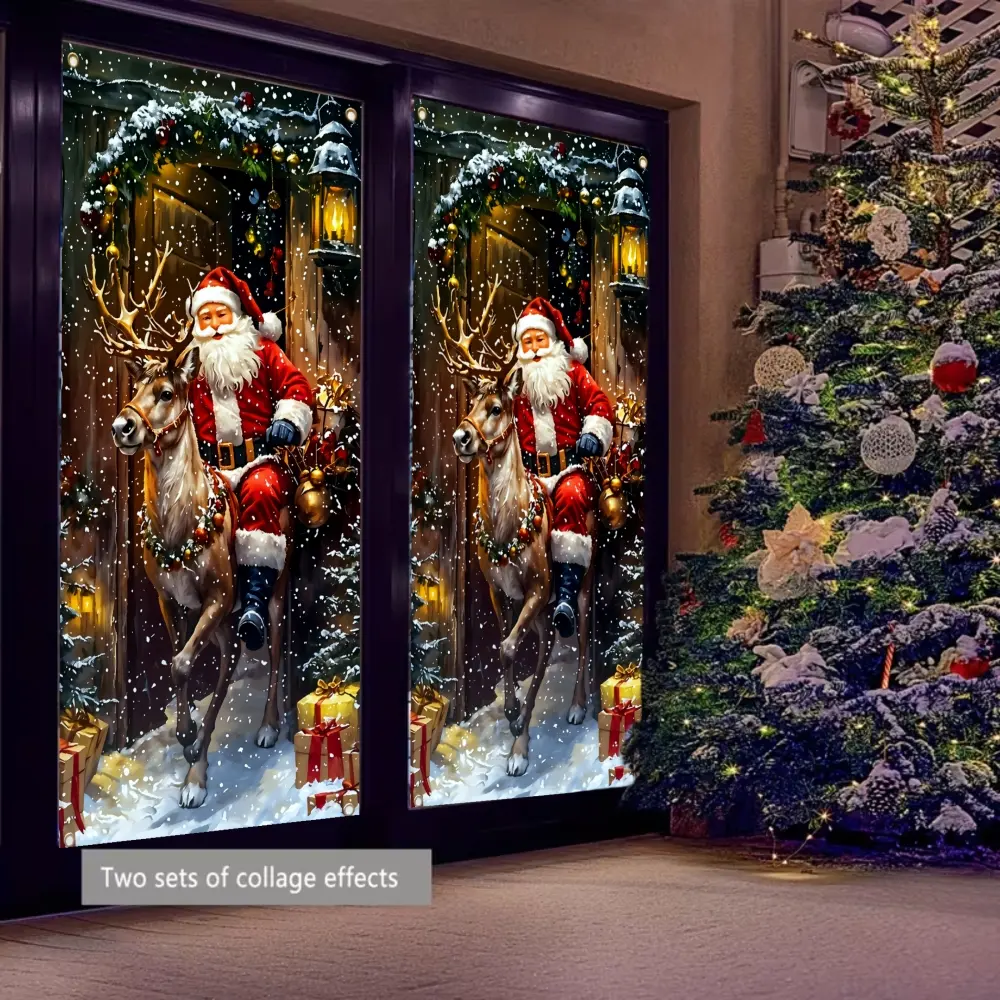 1Pc Festive Santa Claus Riding Reindeer Snowy Forest Scene Static Window Clings Window Stickers Christmas Holiday Decoration For Home Windows Doors Walls Seasonal Interior Decor Christmas Festival Decoration