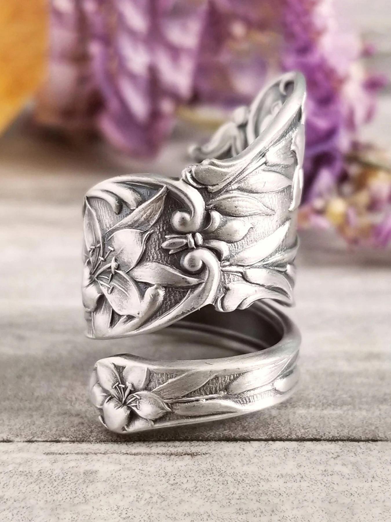 Mother's Day Gift Flower Engraved Copper Ring, Vintage Spoon Ring, Fashion Jewelry for Party, Daily Clothing Decor, Trendy All-match & Exquisite Wedding Party Jewelry Gift