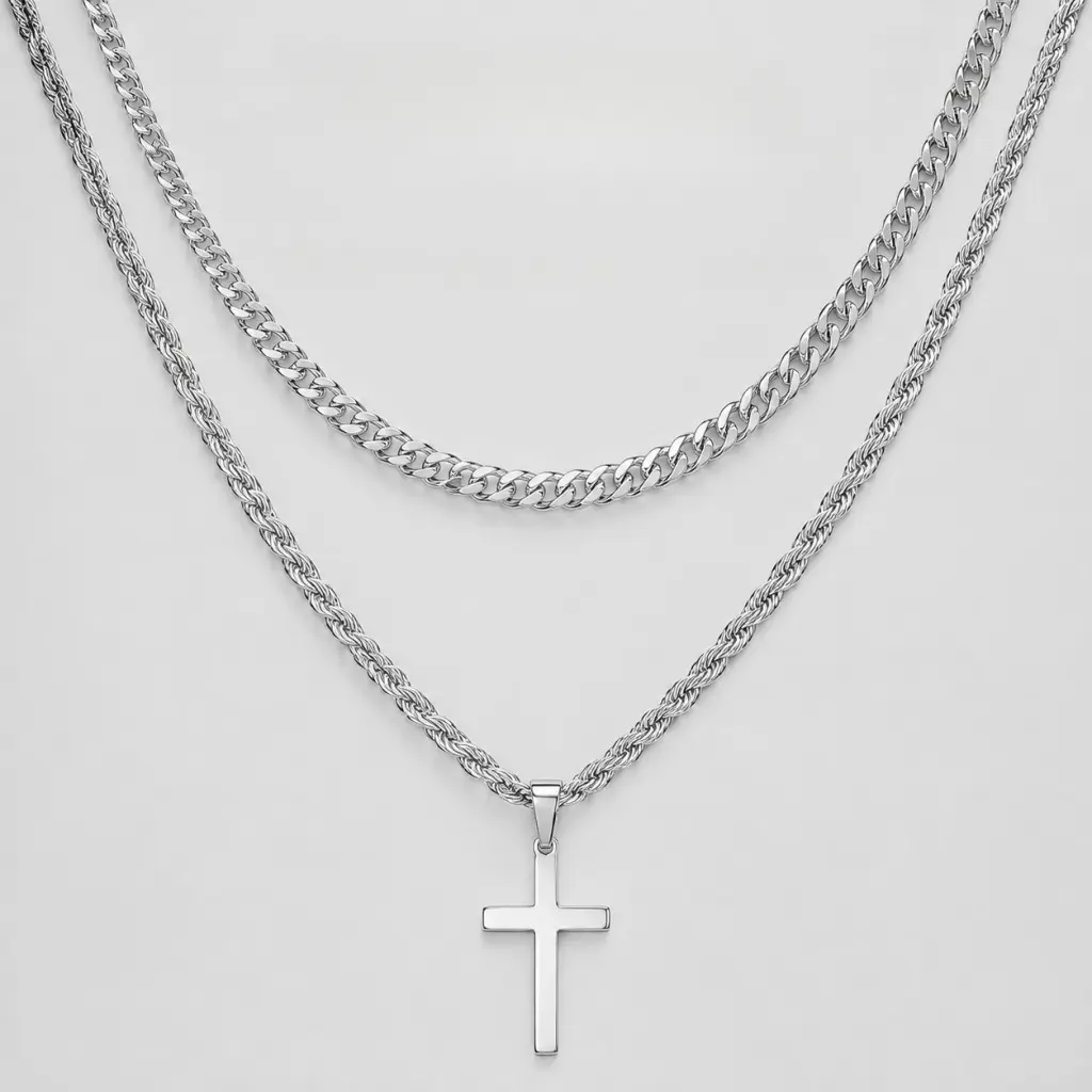 Men's Geometric Layered Cross Pendant Long Stainless Steel Double-Chain Cuban Link Necklace - Tarnish-Resistant, Waterproof, Minimalist Daily Jewelry, Ideal Boyfriend Birthday Gift for Males