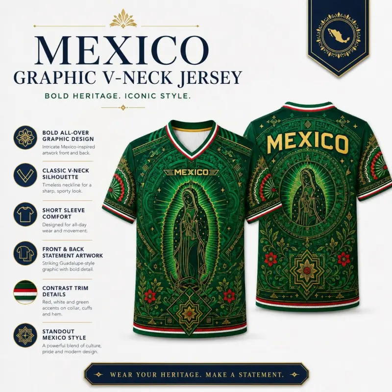 Men's 2026 Mexican-style green V-neck sports jersey, featuring a Guadalupe icon, Aztec calendar art, and floral decorations, short-sleeved football fan T-shirt, casual game-day shirt.