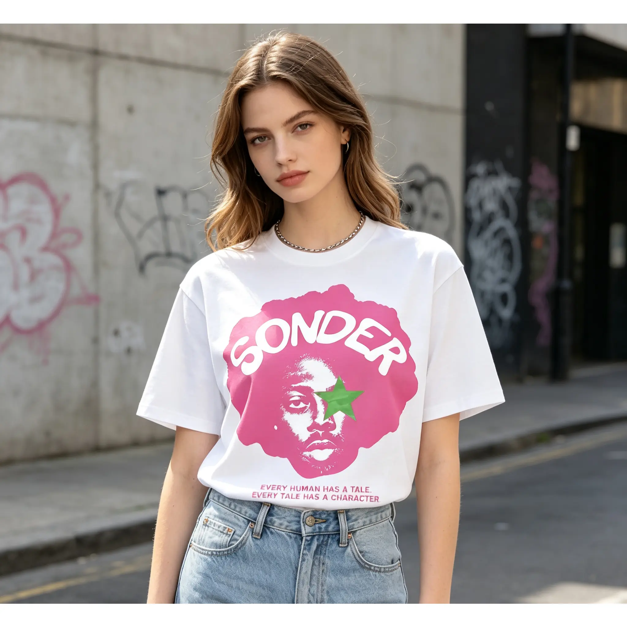 Men’s Crew Neck Short Sleeve T-Shirt, Bold Pink "Sonder" Letter & Geometric Graphic Tee, 100% Cotton  Soft Casual Streetwear Top, Made In USA
