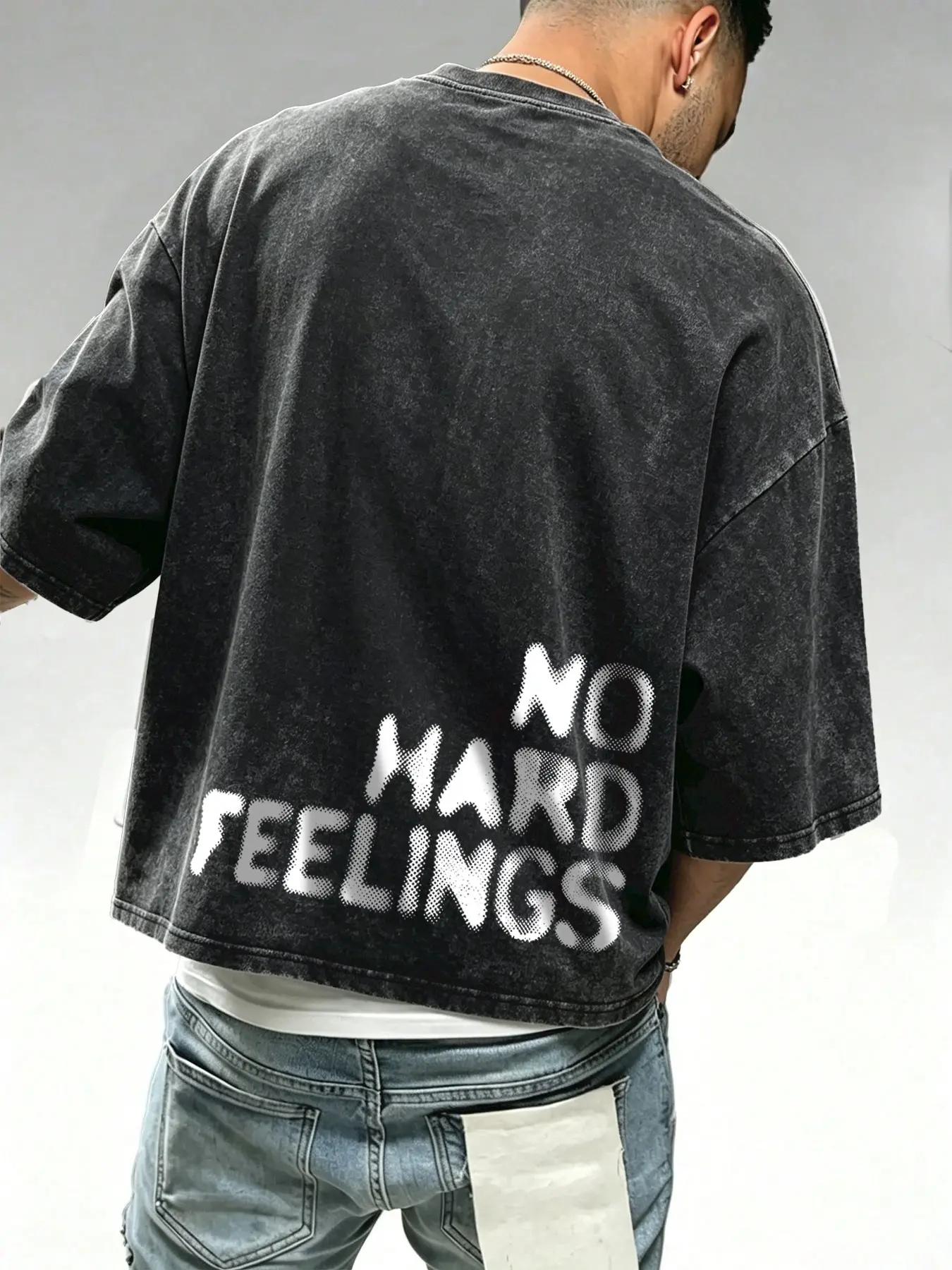 Men's washed, distressed cotton T-shirt featuring a boxy, cropped fit and heavyweight cotton fabric; designed with a minimalist slogan graphic—perfect for casual daily wear, commuting, or street-style looks.