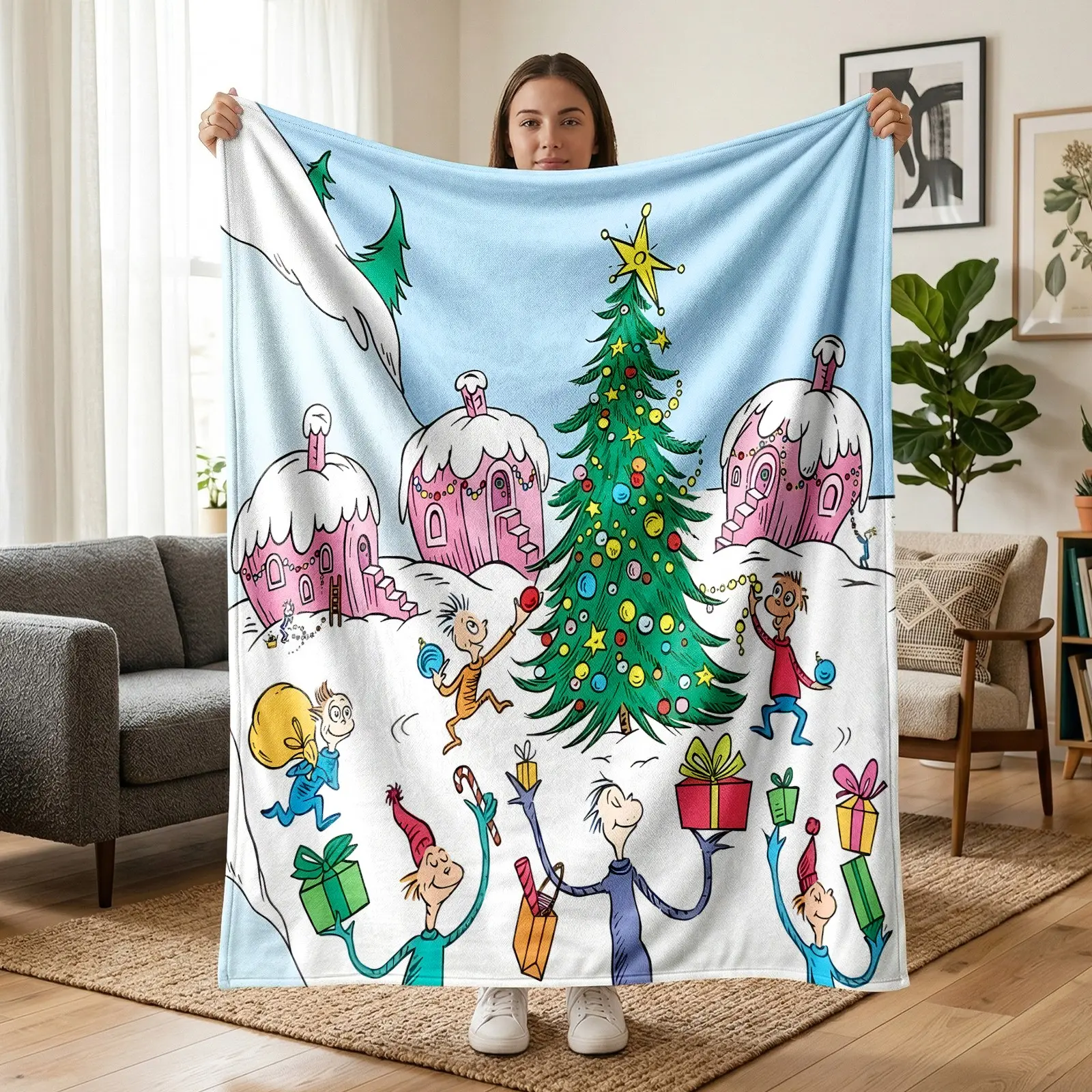 1pc How the Grinch Stole Christmas Cartoon Scene Fleece Blanket, Vintage Comic Print With Christmas Tree, Snow Houses And Gift Characters, Soft Warm Cozy Nap Throw for Sofa, Bed, Office, Shawl, Camping Trip, Ideal for Christmas Gift