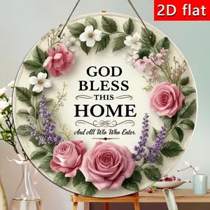 Father's Day Gift God Bless This Home Wooden Sign, Christian Floral Wreath Front Door Hanger, Farmhouse Welcome Wall Decor for Porch, Living Room, Housewarming Gift