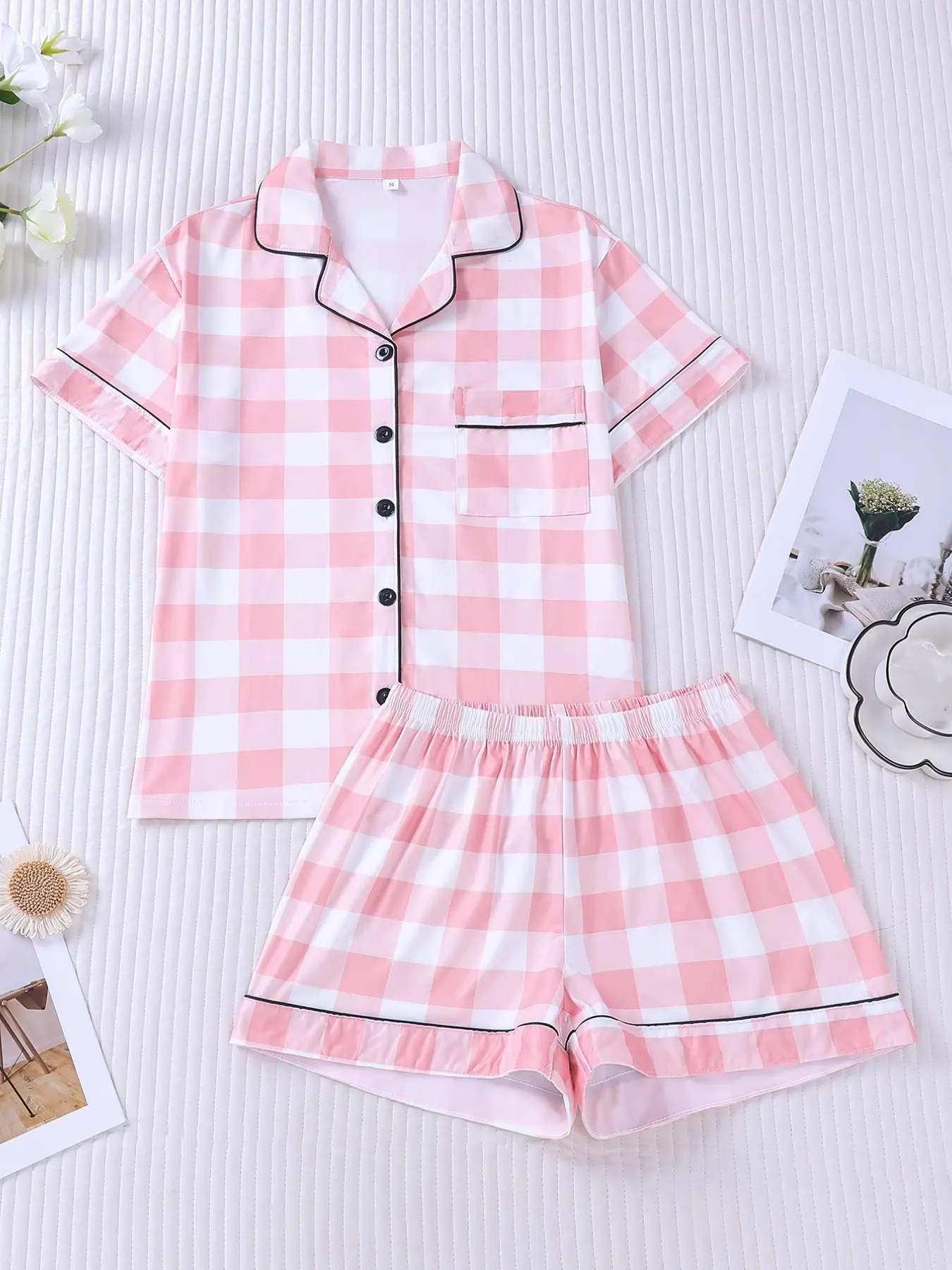 Women's 2-piece pajama set, Knitting pajama set, pink & white gingham plaid, Korean daily style, black piping trim, Lapel short sleeve top with chest pocket, soft elastic waist shorts, lightweight loungewear for women, all-season casual home wear