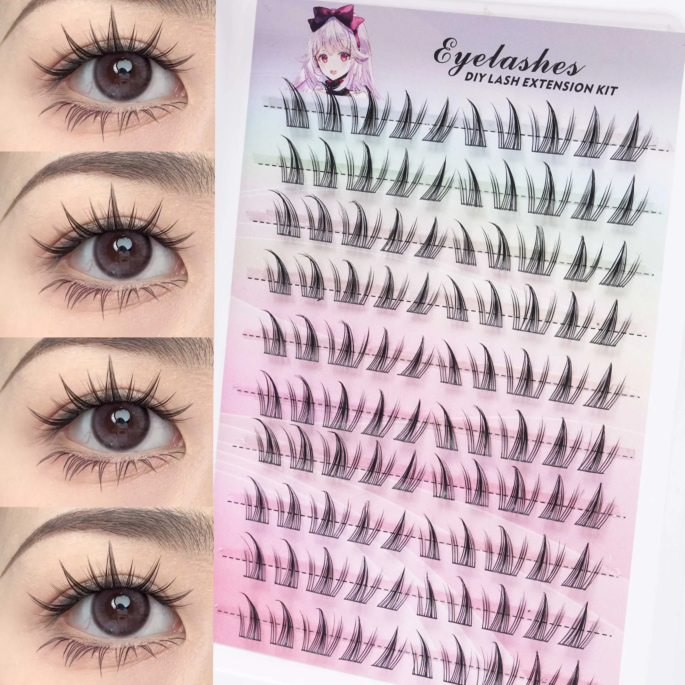 DIY Lash Extension Kit 10 Rows 100 Pcs Cluster Lashes Thin Thickness Spiky Manga Cosplay Eyelashes Wispy Fairy Little Devil Individual Lashes for Beginners D Curl Design