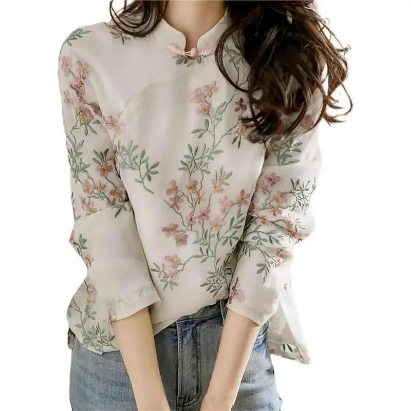 Soft Women Long Sleeve Chinese Style Cheongsam Blouse All Match Top, Women Fall Plus Size Clothing, Can Be Used With Raincoat For Airport Outfit