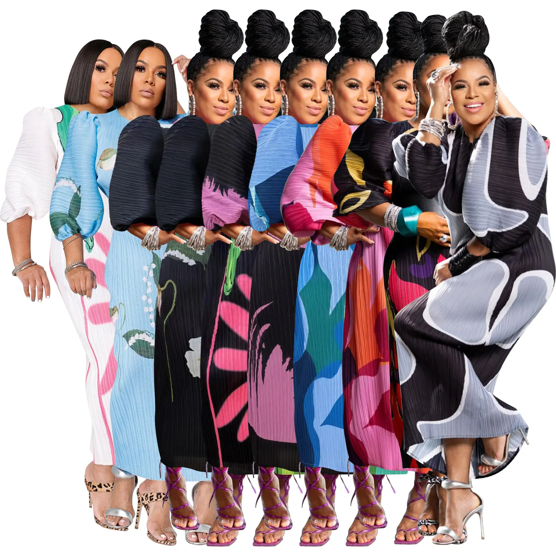 Issey Miyake Style Pleated Midi Dress Women Elegant Lantern Long Sleeve Crew Neck Loose Flowy Pleats Dress Minimalist Designer Avant-Garde Dress Stretch Wrinkle Free Vacation Party Office Casual Dresses Plus Size Fashion European American Luxury Ladies Dr
