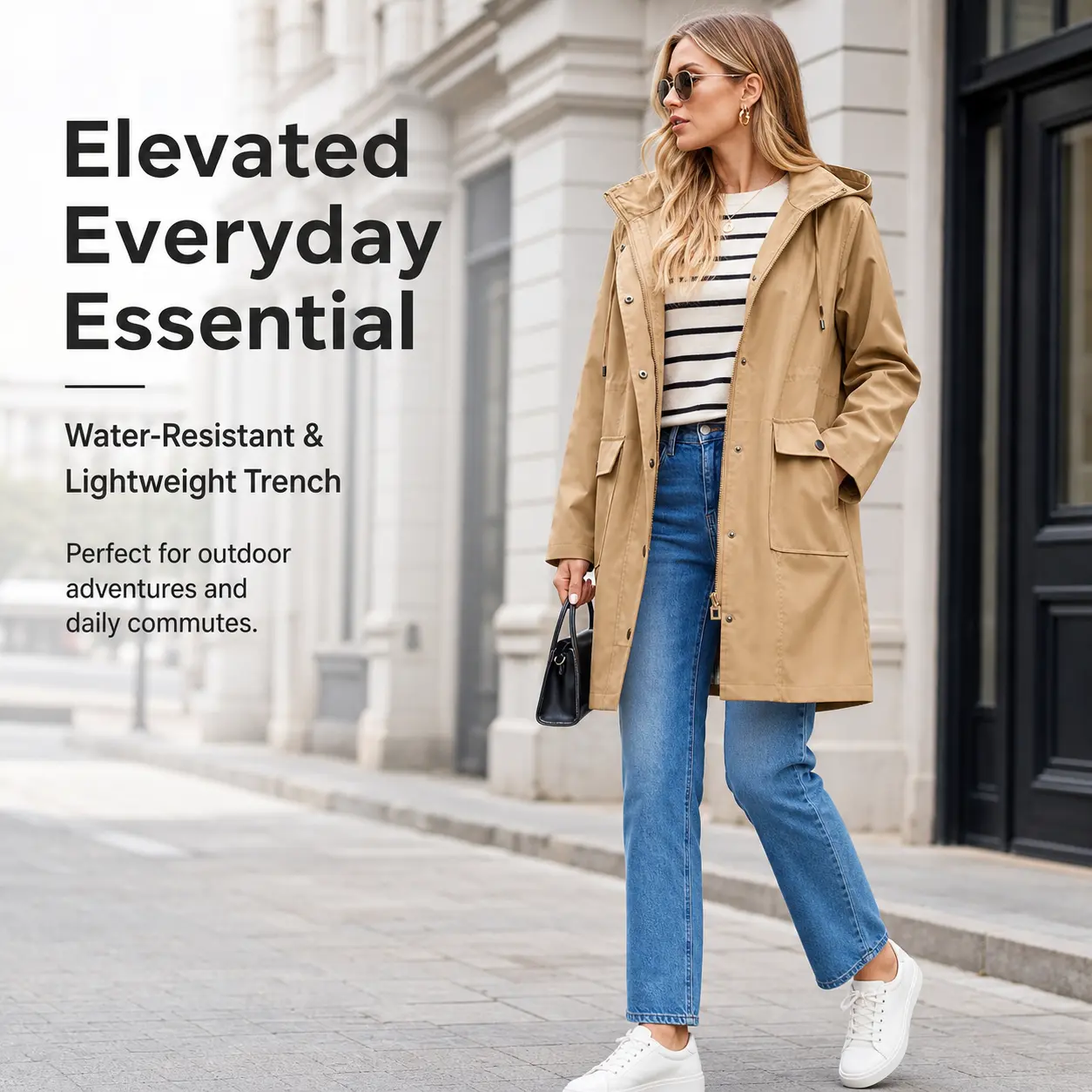 Women's Hooded Trench Coat Mid Length Water Resistant Windbreaker Drawstring Waist Zip Snap Pocket Casual Lightweight Outdoor Jacket