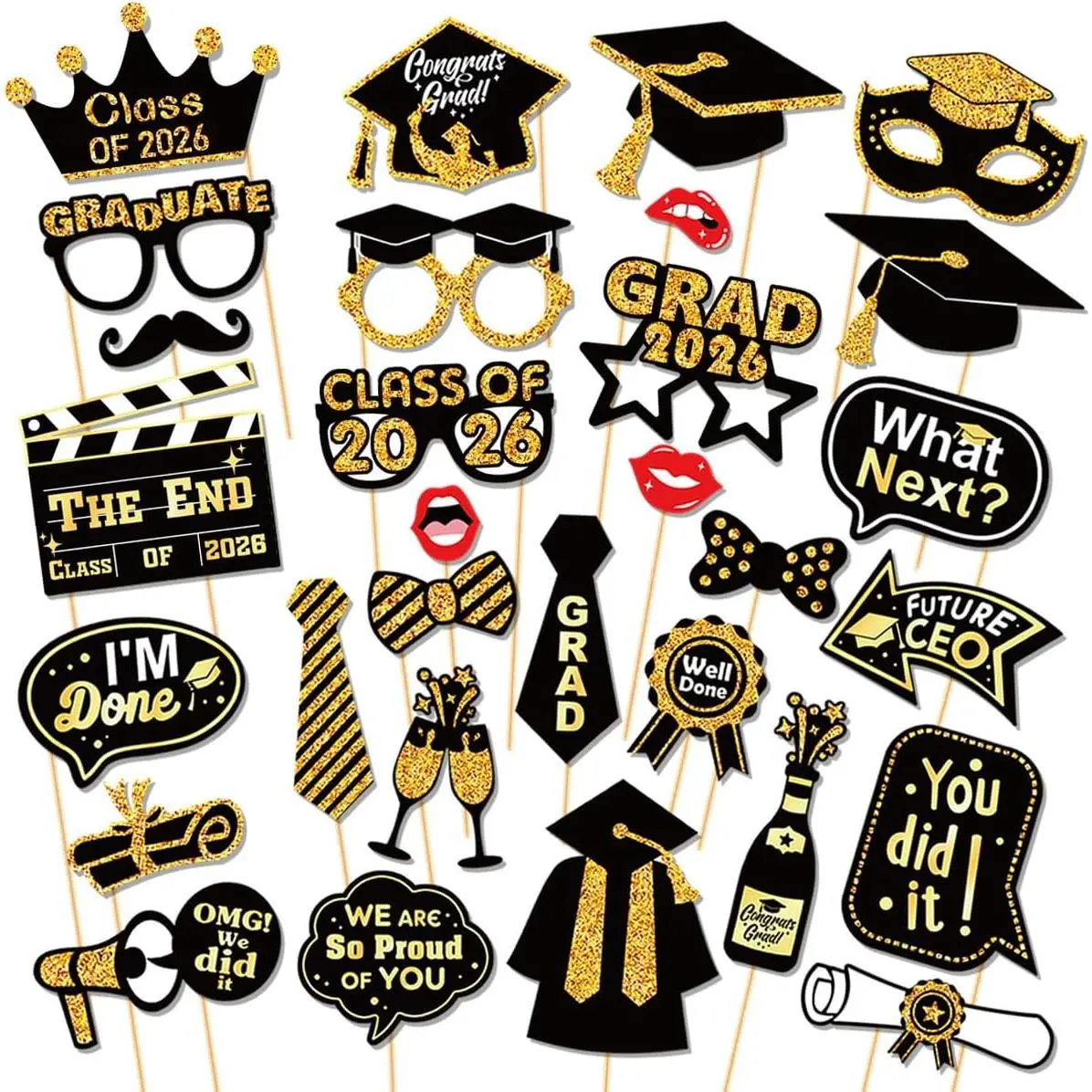 Women's Graduation Accessories - 30 Pcs 2026 Grad Photo Booth Props, College Grad Party Supplies, Class Favors & Decor Set