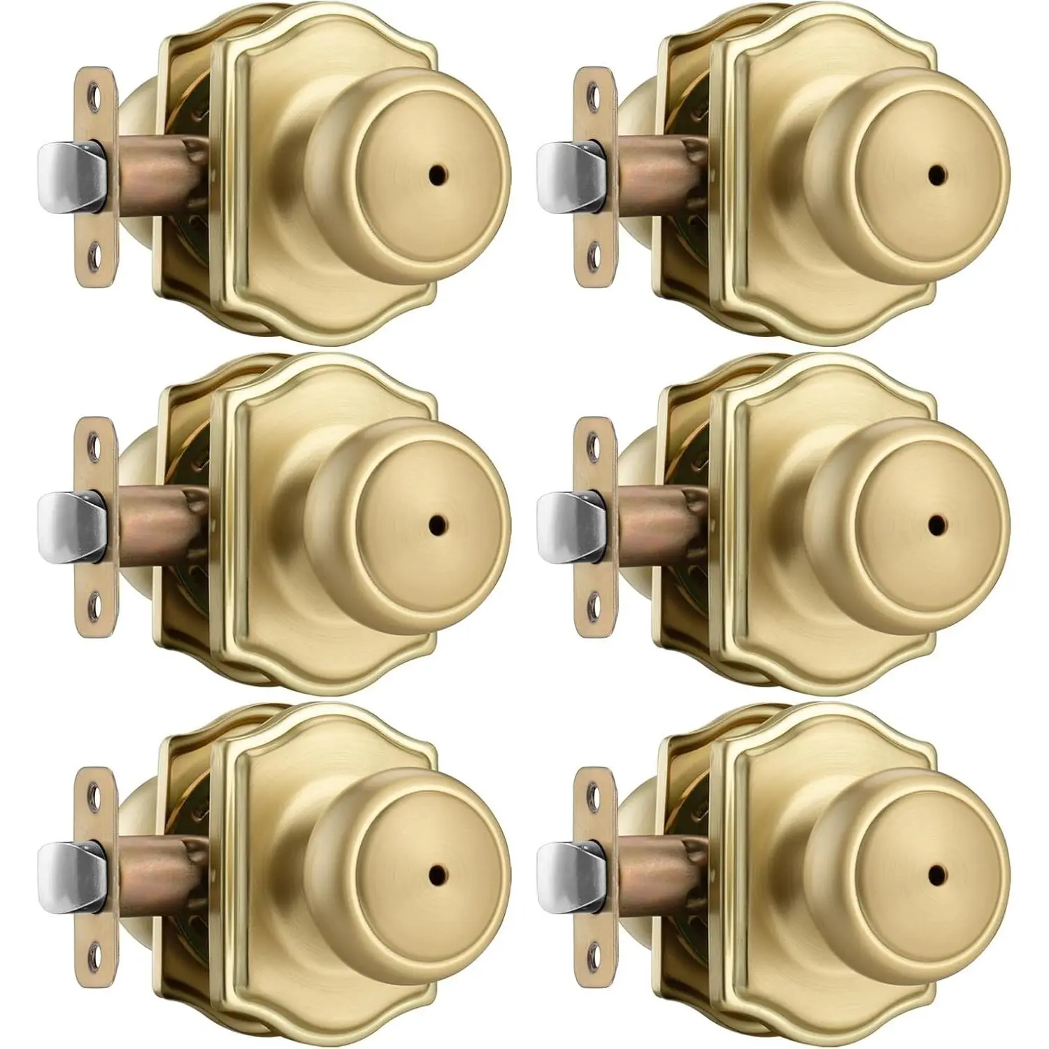 6 Pack Gold Door Knobs with Camelot Trim, Interior Door Knob with Lock, Coastal Privacy Door Knob for Bath and Bedroom, Satin Brass