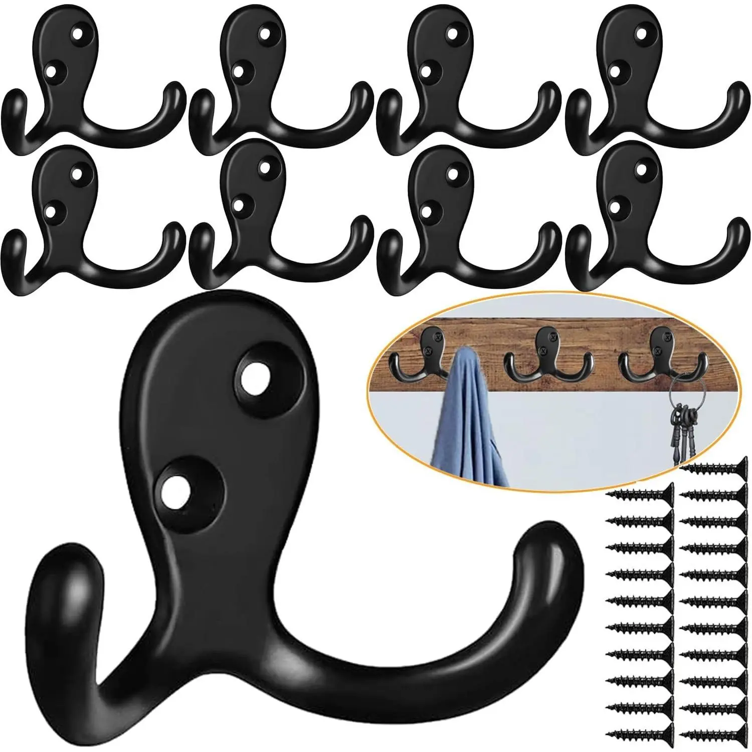 10 Pack Heavy Duty Wall Mount Coat Hooks, No Rust Double Robe Hook for Coats, Keys, Towels, Bags, Cups, Hats - BlackGift