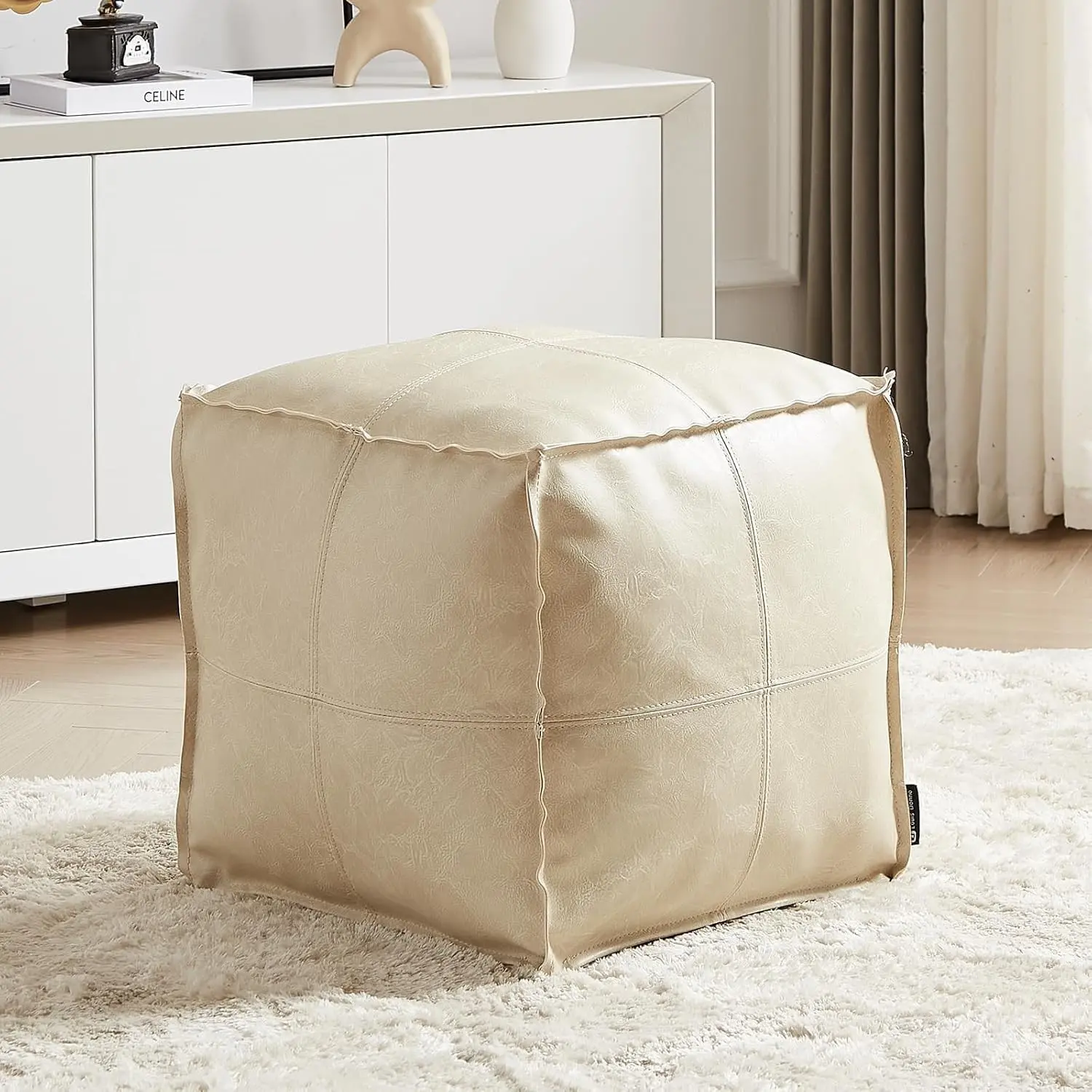 17.7 Inch Unstuffed Square Pouf Ottoman Cover, Handmade Faux PU Leather Foot Rest Cover, Storage Floor Chair Cushion Case,White Decorative Pouf for Living Room Home,Only Cover No Filler