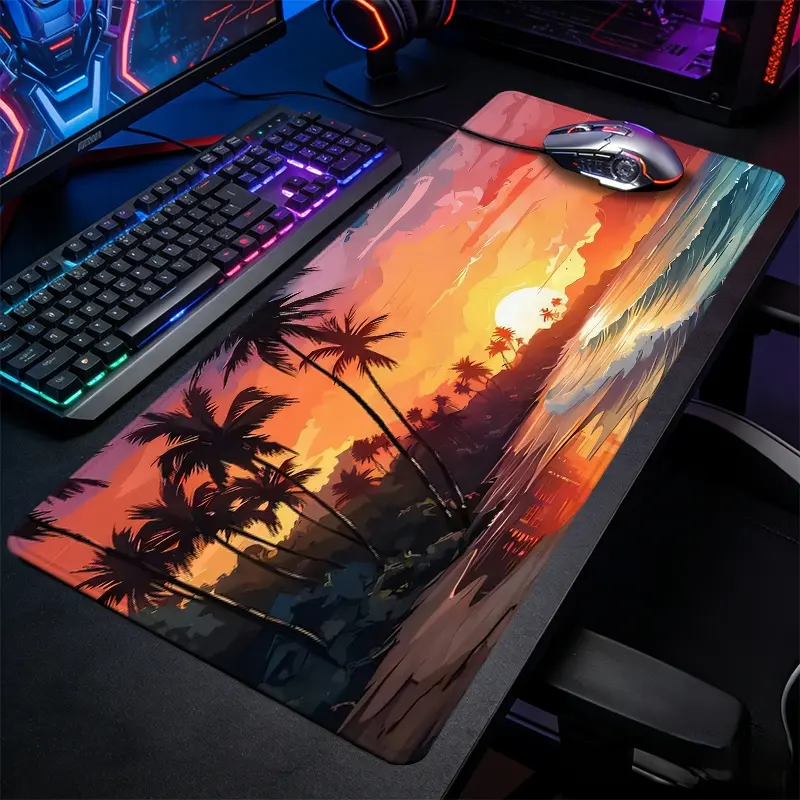 Tropical Island Sunset Palm Tree Ocean Wave Gaming Mouse Pad, Computer Mouse Pad, Vibrant Retro Beach Coast Landscape Desktop Protector, Gaming Desk Mat, Non-Slip Rubber Lock Edge HD Print, Suitable for Gaming, Vacation Office, Beach Scenery Gift