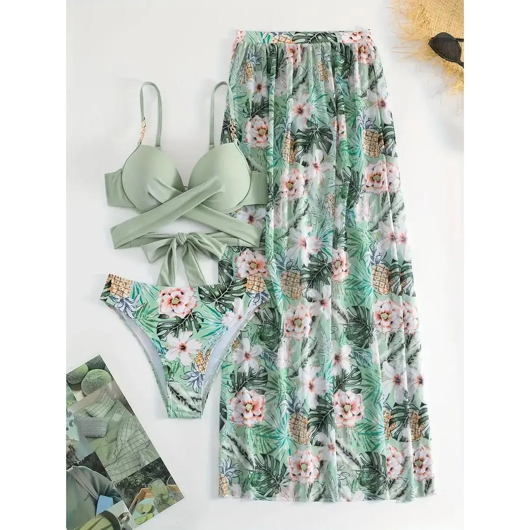Women's Swimsuits 3-Piece Set, Solid & Tropical Print Cross-Back Bathing Suits for Women with High-Waist Maxi Cover-Up Skirt, Pineapple, Bikini Sets, Beach Days