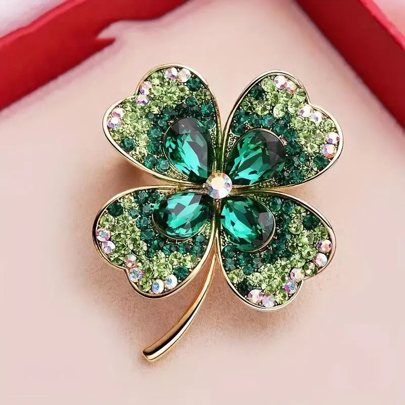 1pc Green Rhinestone Four-Leaf Clover Brooch | Shiny Artificial Crystal, Zinc Alloy, Elegant Style, Suitable for Cardigan, Coat, Hat Pin