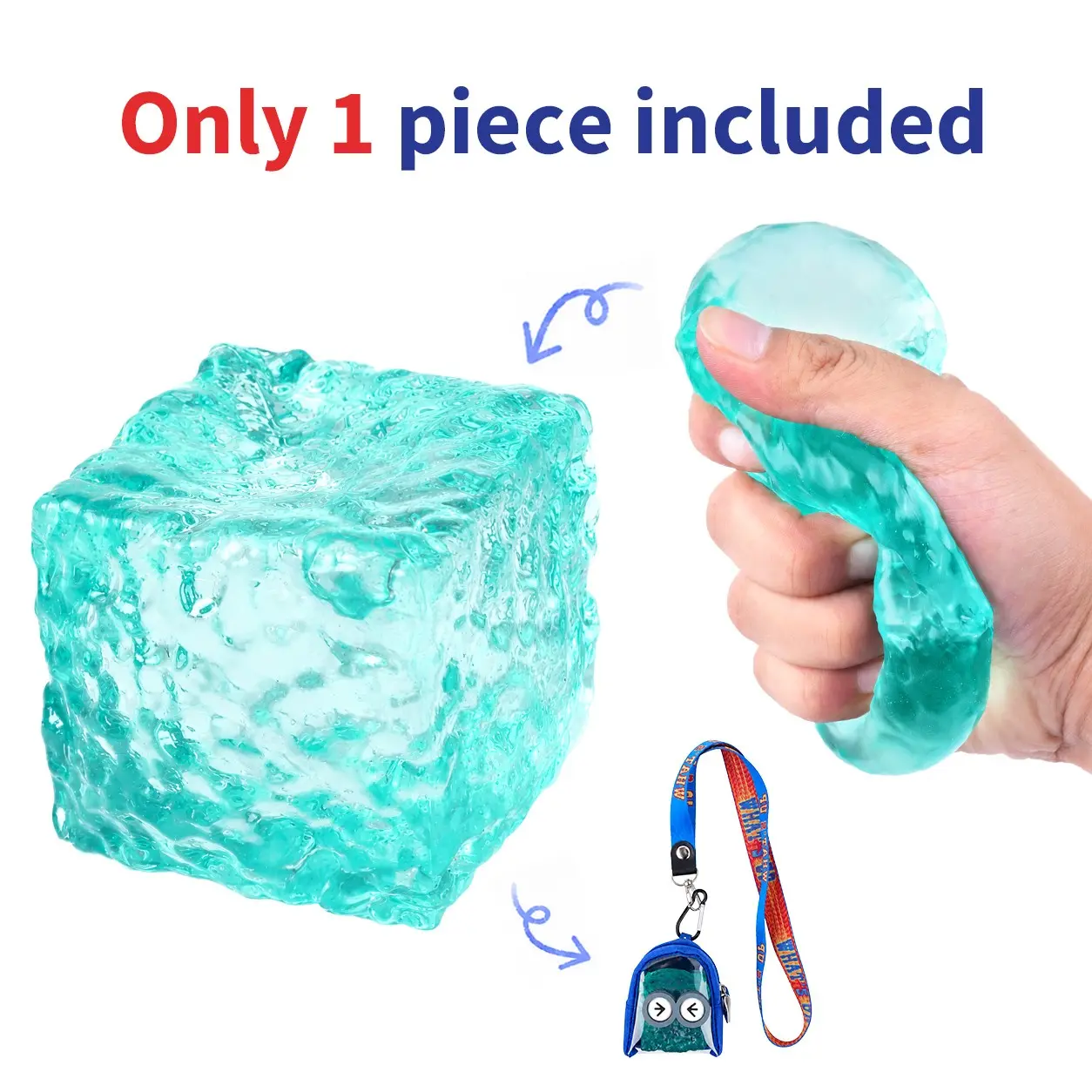 Cute Mini Pinching Squishy Fidget Toy with Lanyard and Backpack Pouch Stress Relief Sensory Ice Cube Squeeze Toy Blue Green Transparent Versatile Keychain Charm for Kids Adults